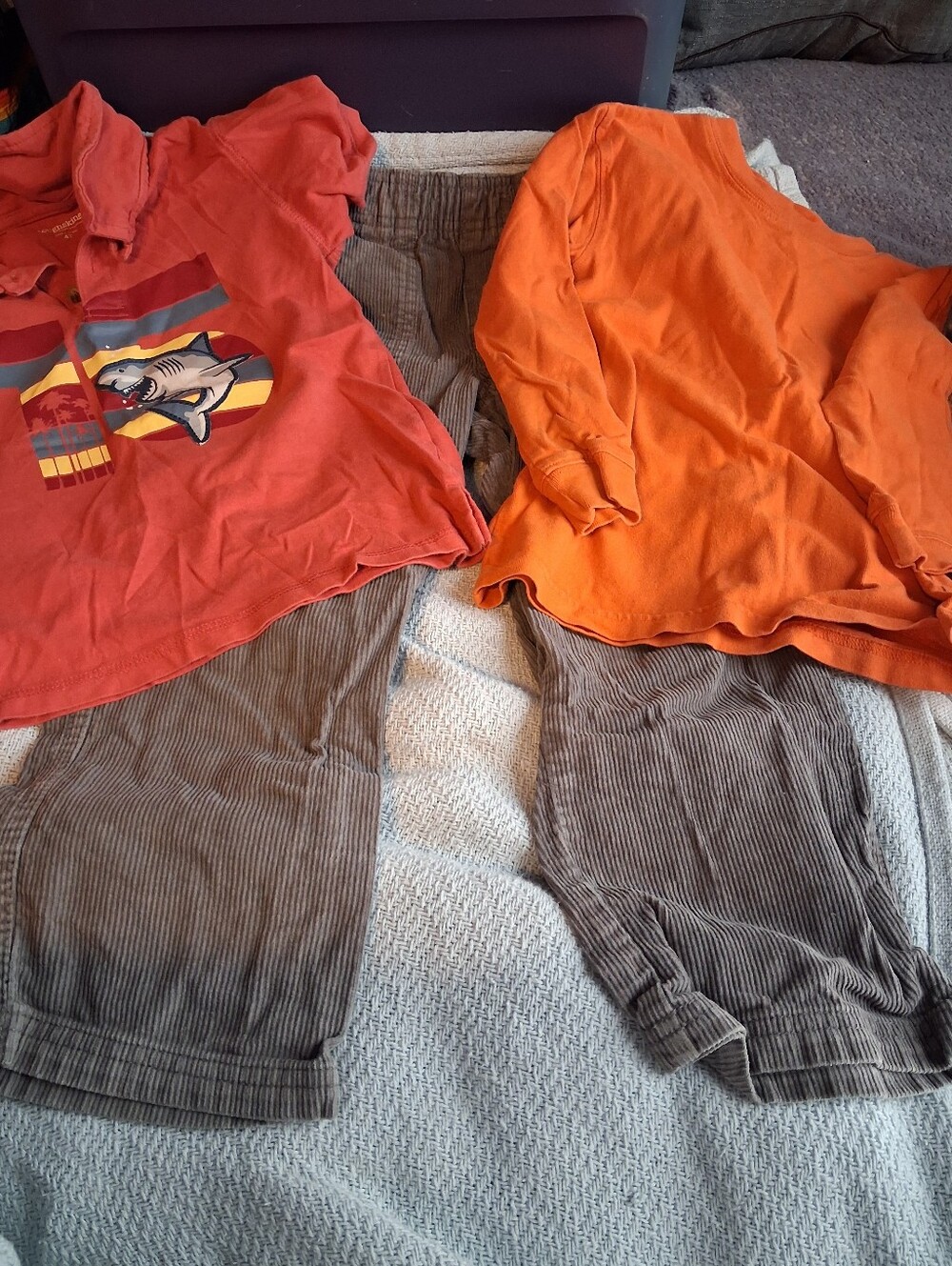 Kids Corduroy Bottoms in Gray With 2 Shirts- Lot Of 3